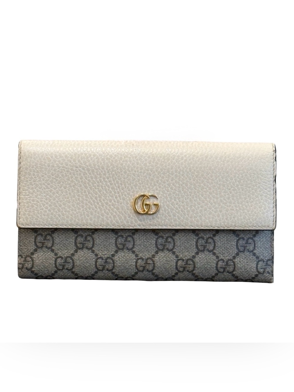 Gucci Beige and Gray Monogram Wallet with Gold Hardware